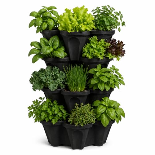 Vertical Garden Planter 4 Tier Stackable System 16 Plants (Midnight Black / Small)