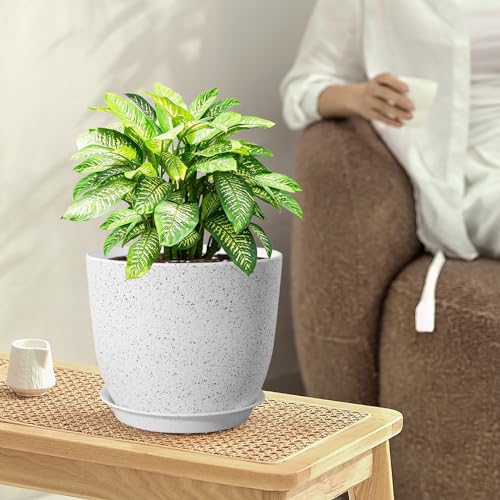 10/9/8 inch Medium Plant Pots, Set of 3 Modern Decorative Plastic Planters with Drainage Holes and Saucers for Garden House Plants, Flower Pots for Indoor Outdoor Plants, Speckled White (3 Count)
