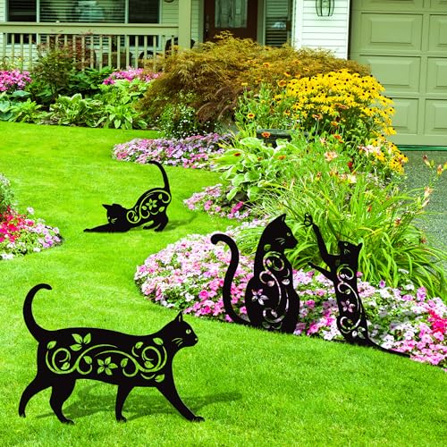 4 Pack Black Cat Silhouette Cute Metal Cat Garden Statues Bird Repellent Decorative Garden Stakes for Yard (4 Count)