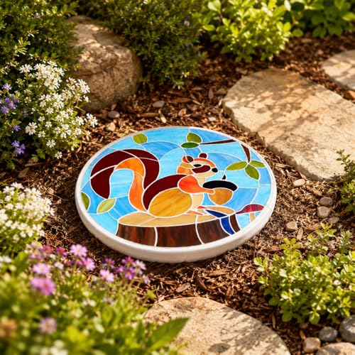 MSS006 Tiffany Style Stained Glass Mosaic Decorative Stepping Stone for Garden Decor (12" Round / Squirrel)
