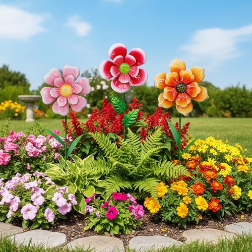 3pcs Flowers Yard Wind Spinners Outdoor Decoration Stakes Lawn Ornaments (Orange, Pink, Green)
