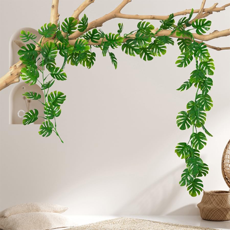 6Pc Artificial Monstera Leaves Vine 5.9FT Plastic Palm Ivy Garland (Green Plam S 6p)