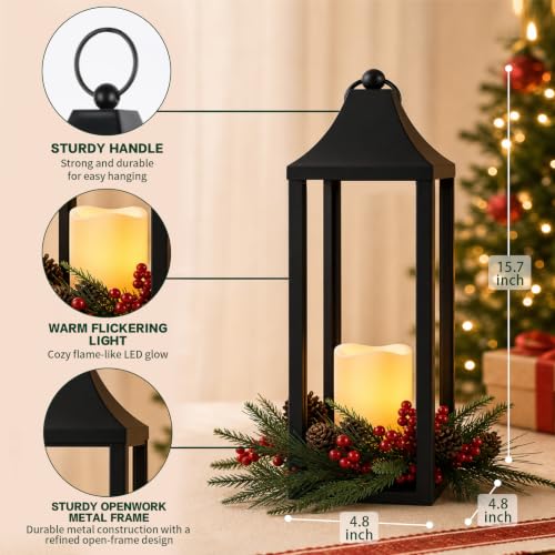 Black Metal Christmas Lantern with Flameless LED Candle Holiday Decor