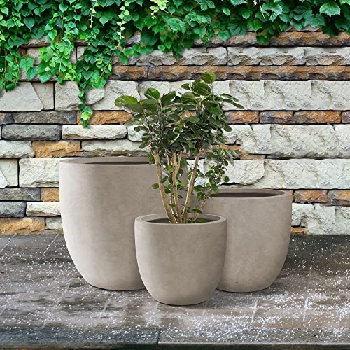 Set of 3 Weathered Concrete Bowl Round Planters for Modern Home (Weathered Concrete / 18"W + 14"W + 10"W)