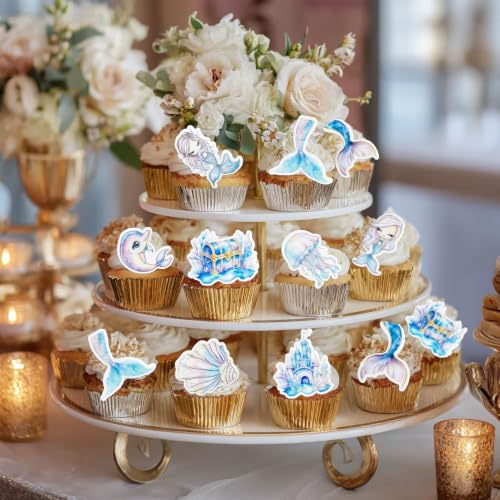 54Pcs Edible Colorful Mermaid Tails Cupcake Toppers Ocean Animal Cupcake Picks for Under The Sea Party Decoration Baby Shower Girls Mermaids Birthday Ocean Theme Bridal Shower Wedding Supplies (Light Blue Purple)