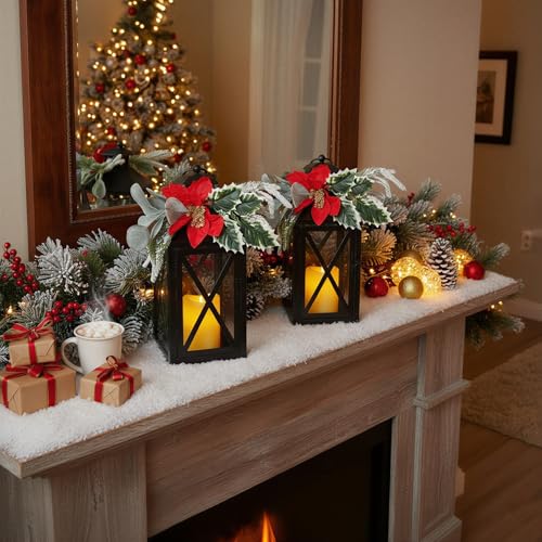 Christmas Lanterns 2 Pack 12'' Black Metal with Candle Holiday Decor