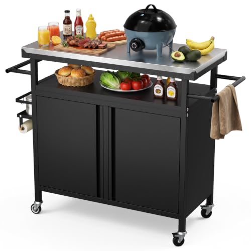 Outdoor Grill Cart Bar Cart with Storage Cabinet for Grilling Accessories (Cart Table with Cabinet)