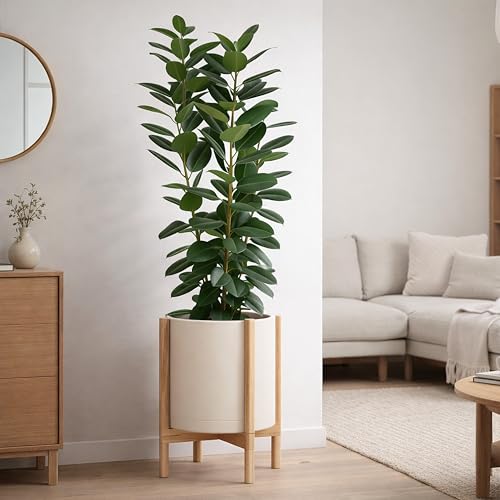 Plastic Pot with Natural Wood Stand (Oatmeal Pot + Natural Stand / 14 Inch)