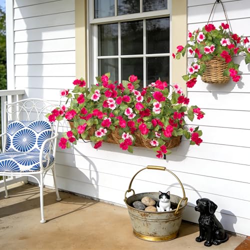 Artificial Fake Flowers for Outdoors Spring Decoration 2 Bundles Faux Flowers Plants for Outdoor Planters UV Resistant Silk Realistic Flowers for Outside Home Garden Front Porch Patio Décor (A-rose Red White)