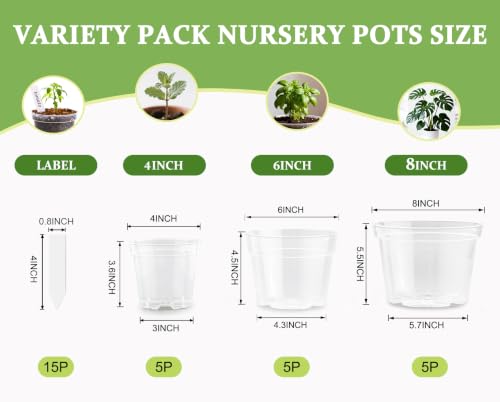 15 Pack 8/6/4 Inch Clear Nursery Pots with Drainage Hole, Transparent Plastic Plant pots, Sturdy Planting Starter Pots for Seedlings Herbs Flowers Vegetable (Clear-15P) (Clear / Mix 4/6/8 Inch 15 Pack)