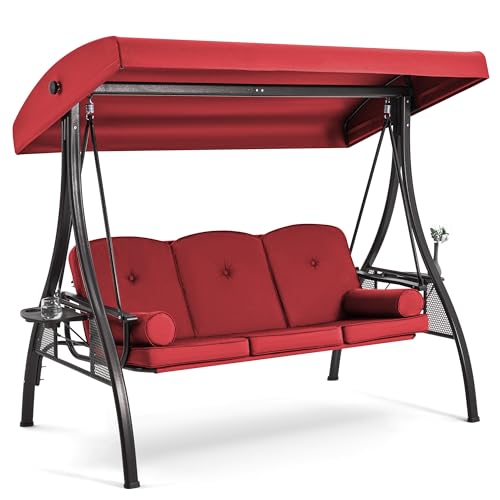 3 Seat Porch Swing with Adjustable Canopy (Wine Red)