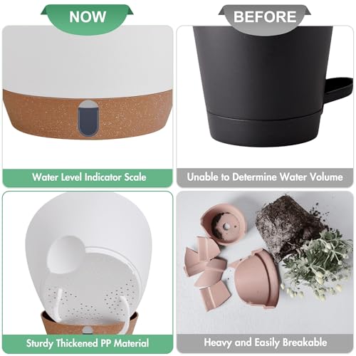 5-Pack Self-Watering Planters with Wick & Reservoir (5/5.5/6/6.5/7 Inch) – Plastic Indoor Pots with Drainage, Modern White Flower Pot for Violet, Herb (5 Count)
