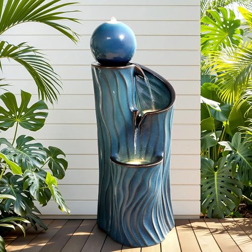 32" H Ceramic Outdoor Water Fountain (Turquoise Wave Texture 32"h-sphere)